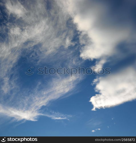 Wispy cloud formations against clear blue sky.