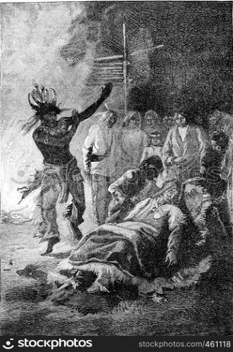 Witch doctor performing his ritual dance on the sick. From Jules Verne Cesar Cascabel, vintage engraving, 1890.