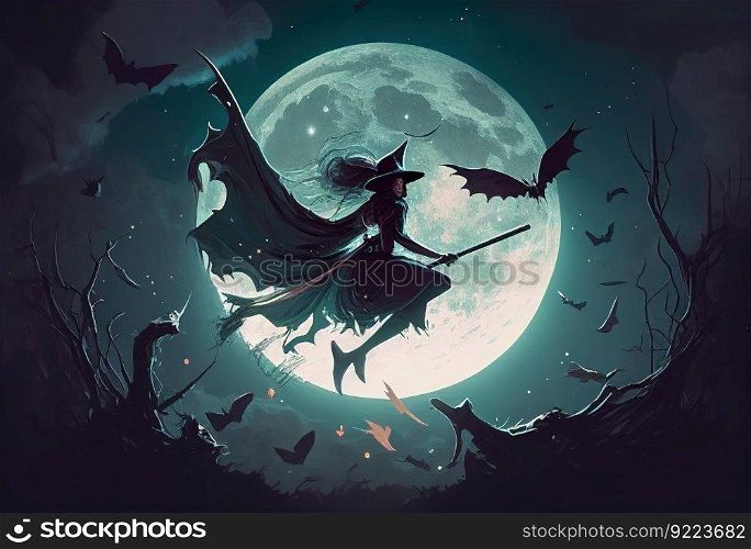 Witch flying on a broomstick with bats illustration. Ai genrative.