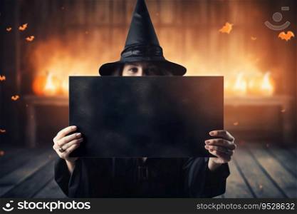 Witch holding blank old paper, mystical atmosphere. Copy space for your text. Halloween background with empty space. Happy Halloween. Generative AI. Witch holding blank old paper, mystical atmosphere. Copy space for your text. Halloween background with empty space. Happy Halloween. Generative AI.