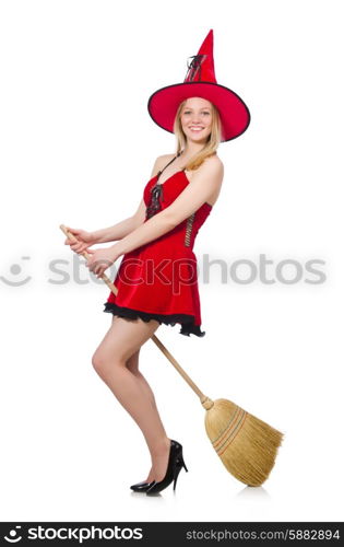 Witch in red dress with broom