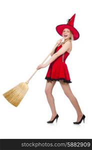 Witch in red dress with broom