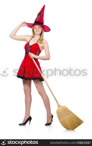 Witch in red dress with broom