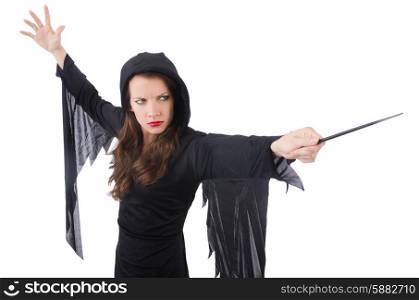 Witch with magic wand isolated on white