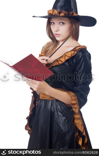 Witch with wand and book isolated on white