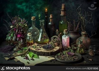 Witchcraft magical still life with alchemical bottles. Neural network AI generated art. Witchcraft magical still life with alchemical bottles. Neural network AI generated