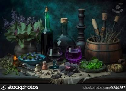 Witchcraft magical still life with alchemical bottles. Neural network AI generated art. Witchcraft magical still life with alchemical bottles. Neural network AI generated
