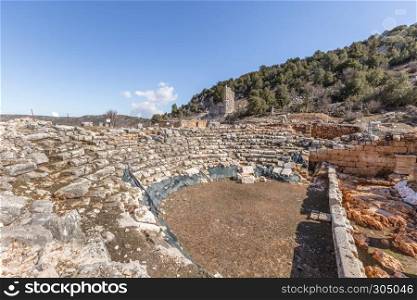 With blue sky,High resolution panoramic view of Amphitheatre at Olba Ancient city located in Uzuncaburc,Silifke,Mersin,Turkey.. Amphitheatre at Olba Ancient city located in Uzuncaburc,Silifke,Mersin,Turkey.