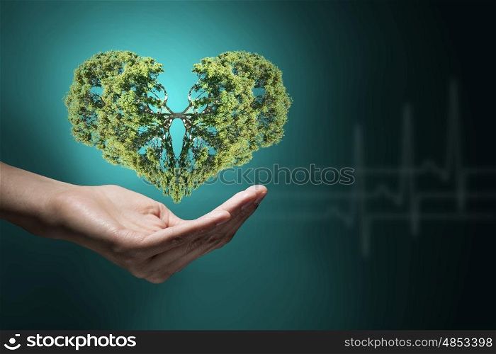 With love to nature. Green heart in human hands representing ecology concept