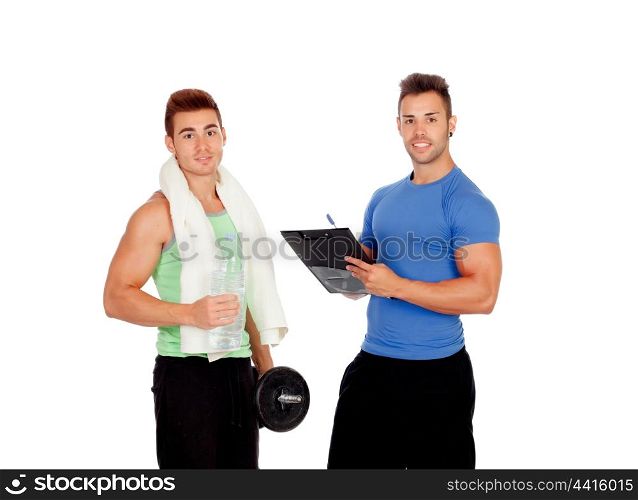 With my personal trainer isolated on a white background