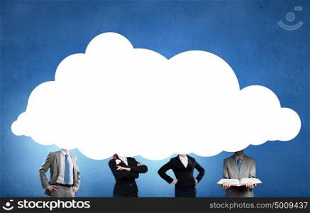 With one&rsquo;s head in clouds. Unrecognizable businesspeople with cloud instead of head