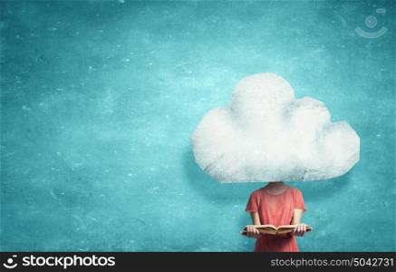 With one&rsquo;s head in clouds. Unrecognizable businesswoman with cloud instead of head