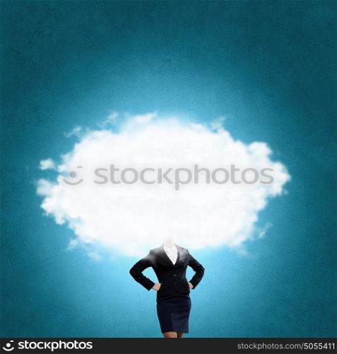 With one&rsquo;s head in clouds. Unrecognizable businesswoman with cloud instead of head