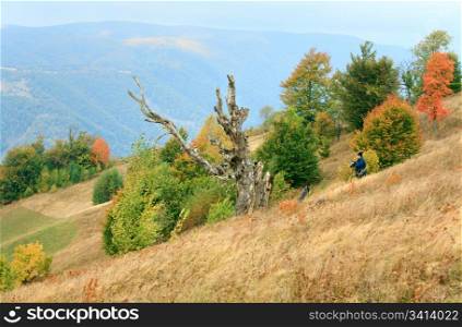 Withered tree on autumn Carpathian mountainside (and and photographer near).