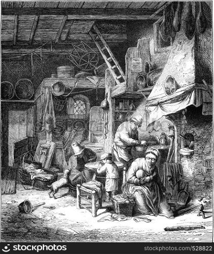 Within a Poor Household, vintage engraved illustration. Magasin Pittoresque 1847.