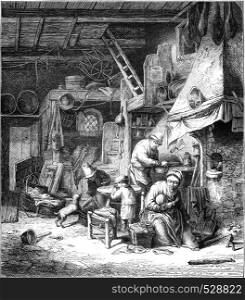 Within a Poor Household, vintage engraved illustration. Magasin Pittoresque 1847.