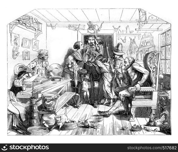 Within a Tyrolean house, vintage engraved illustration. Magasin Pittoresque 1845.