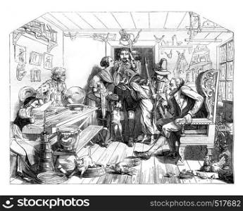 Within a Tyrolean house, vintage engraved illustration. Magasin Pittoresque 1845.