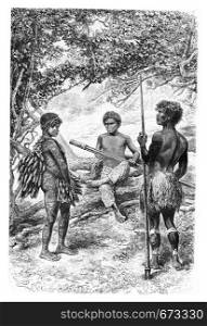 Witoto Indians of Amazonas, Brazil, drawing by Riou from a photograph, vintage engraved illustration. Le Tour du Monde, Travel Journal, 1881