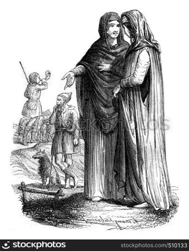 Wives and Shepherds under Charles the Bald, vintage engraved illustration. Magasin Pittoresque 1843.