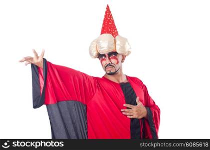 Wizard in red costume isolated on white