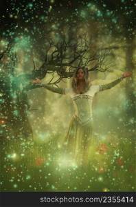 Wizard woman wear vintage dress with celtic ornaments in the foggy forest, 3D Illustration.