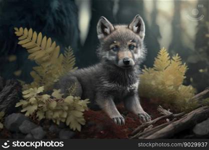 Wolf cub in summer forest, digital illustration painting, Generative AI
