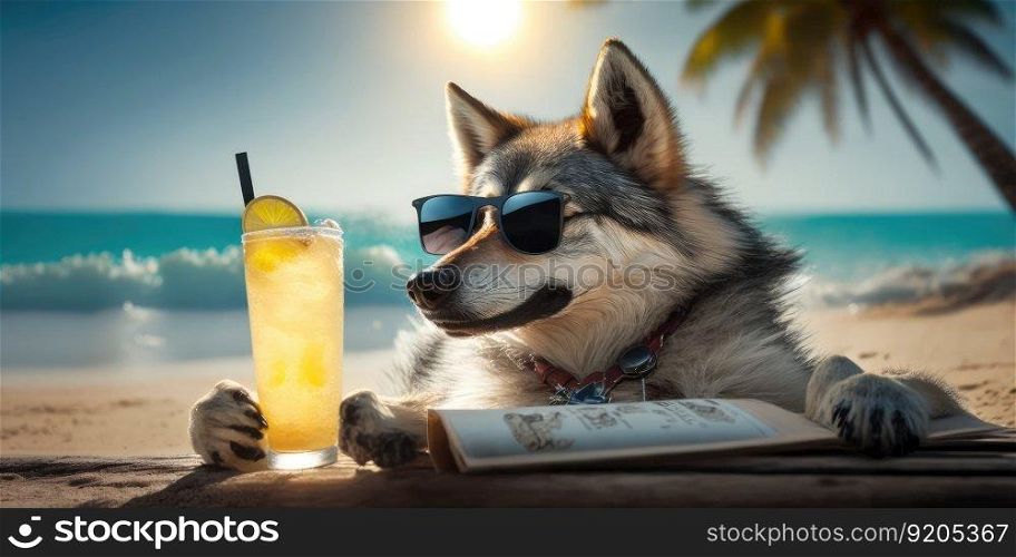 wolf is on summer vacation at seaside resort and relaxing on summer beach