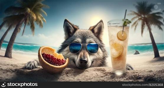 wolf is on summer vacation at seaside resort and relaxing on summer beach