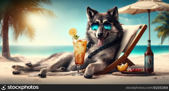 wolf is on summer vacation at seaside resort and relaxing on summer beach