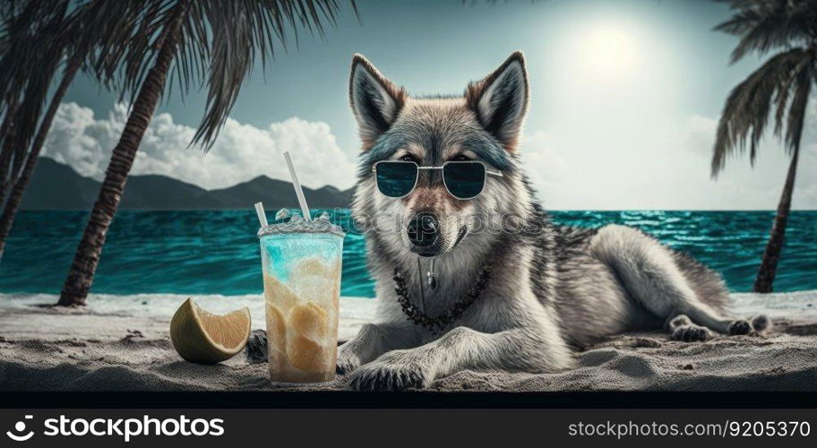 wolf is on summer vacation at seaside resort and relaxing on summer beach