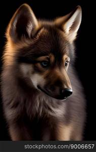 Wolf puppy with a black background. Generative AI 