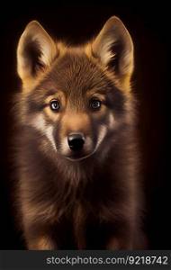 Wolf puppy with a black background. Generative AI 