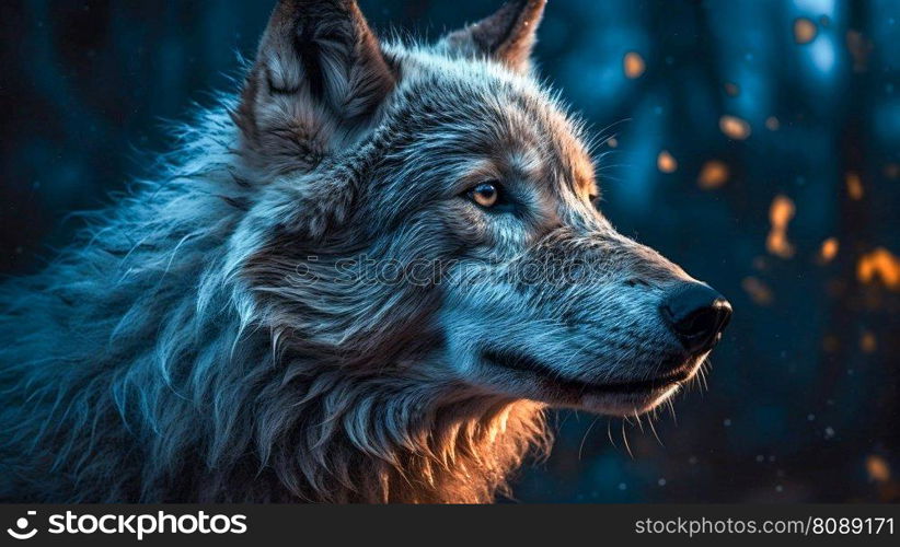 Wolf under the night sky with blue moon. Generative AI. High quality illustration. Wolf under the night sky with blue moon. Generative AI.