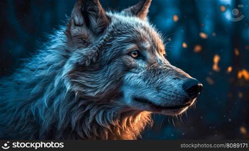 Wolf under the night sky with blue moon. Generative AI. High quality illustration. Wolf under the night sky with blue moon. Generative AI.