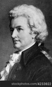 "Wolfgang Amadeus Mozart (1756-1791) on engraving from 1908. One of the most significant and influential composers of classical music. Engraved by unknown artist and published in "The world&rsquo;s best music, famous songs. Volume 8", by The University Society, New York,1908."