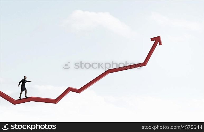 Woma run on graph. Young businesswoman running up on increasing arrow graph