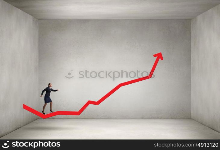 Woma run on graph. Young businesswoman running up on increasing arrow graph