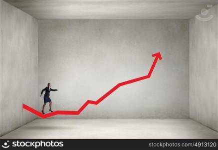 Woma run on graph. Young businesswoman running up on increasing arrow graph