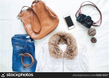 Woman accessories and items for spring travel, Flat lay, top view