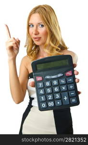 Woman accountant with calculator on white