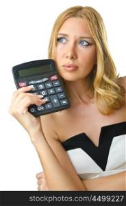 Woman accountant with calculator on white