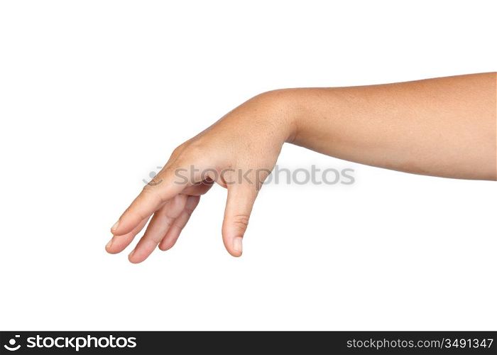 Woman&acute;s hand dropping something isolated on white background