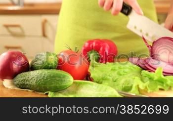 Woman&acute;s hands cutting bulb onion