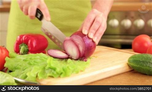 Woman&acute;s hands cutting bulb onion