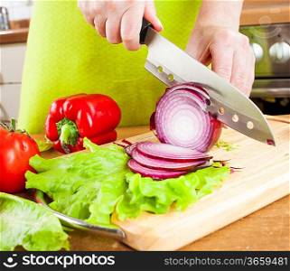 Woman&acute;s hands cutting bulb onion, behind fresh vegetables.