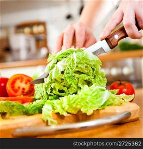 Woman&acute;s hands cutting lettuce, behind fresh vegetables.