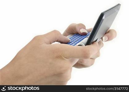 Woman&acute;s hands on a text messenger against white background. Messenger is an organizer, calendar, diary and notepad.