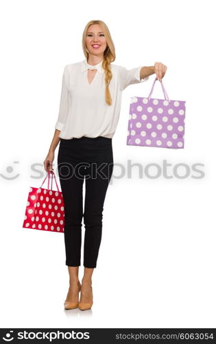 Woman after good christmas shopping isolated on white