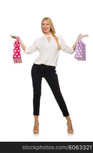 Woman after good christmas shopping isolated on white